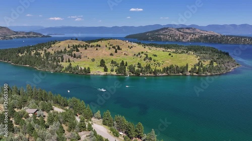 drone view over a montana lake