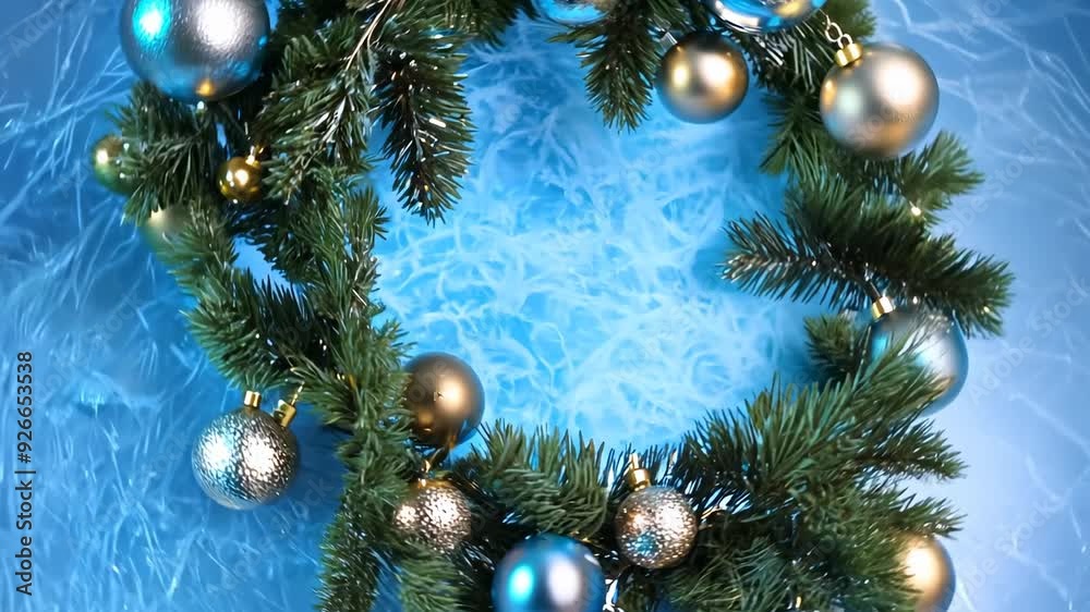 Christmas Wreath Rotating on Blue Background