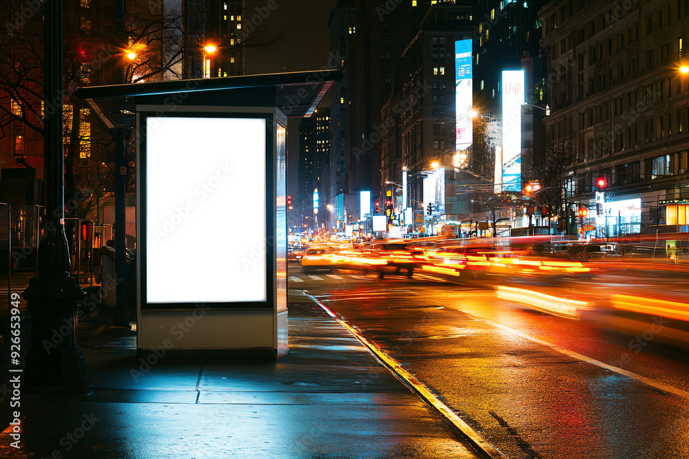 Blank Billboard on City Street at Night. Blank Billboard on City Street at Night.