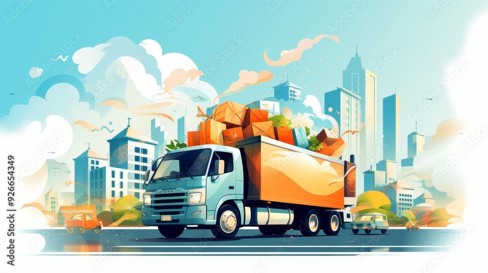 Naklejka premium Moving car illustration flat design side view busy street cartoon drawing Triadic Color Scheme