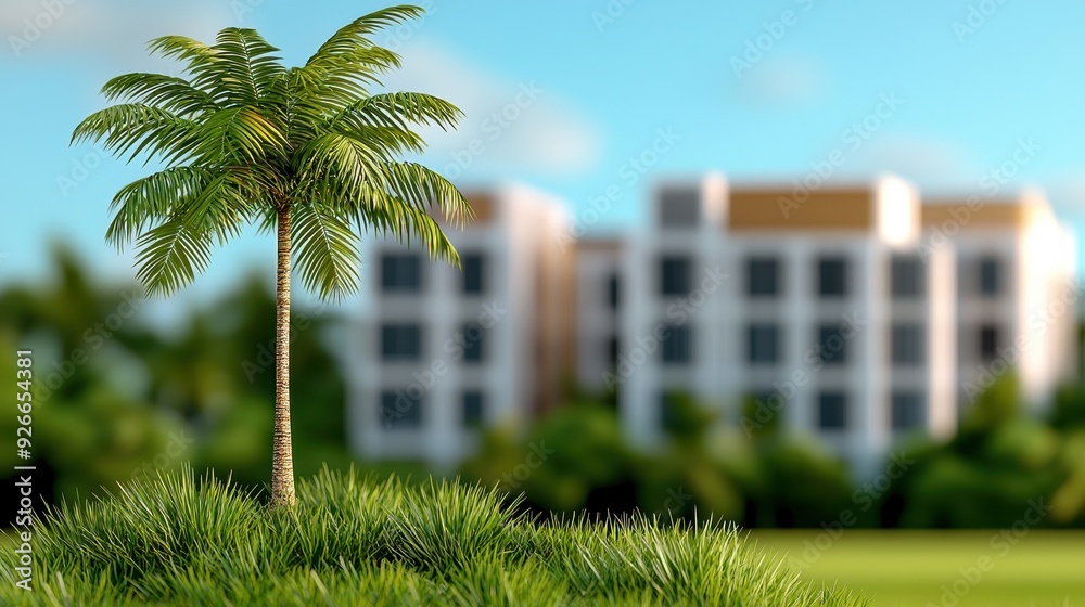 Fototapeta premium A vibrant palm tree stands amidst lush grass, with a blurred modern building in the background, showcasing tropical tranquility.