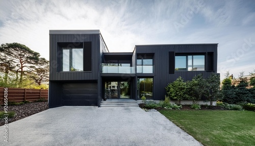 Modern Black House with Large Windows and a Concrete Driveway