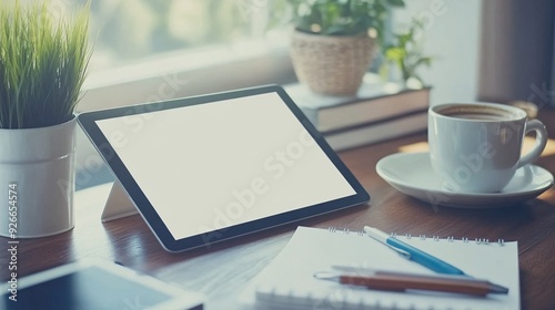 A tablet with blank screen on a desk with notebook, pen, coffee and a plant.