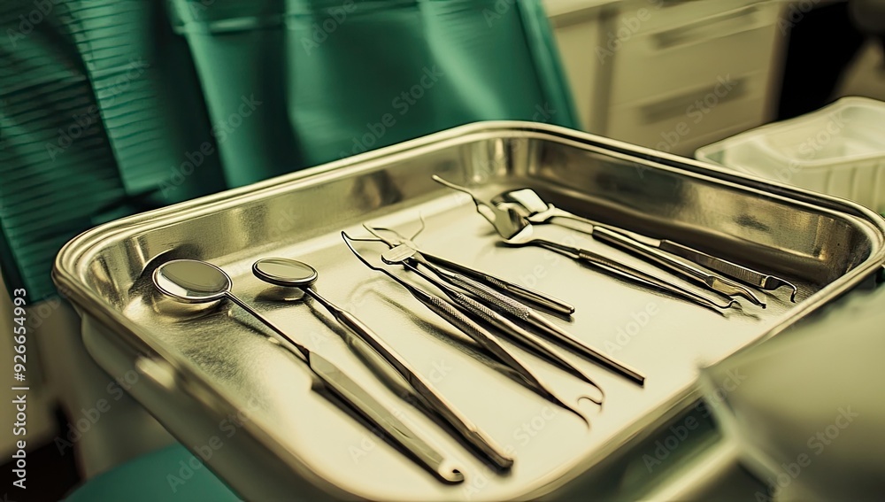 Dental tools in a stainless steel tray. Dental tools in a stainless steel tray.