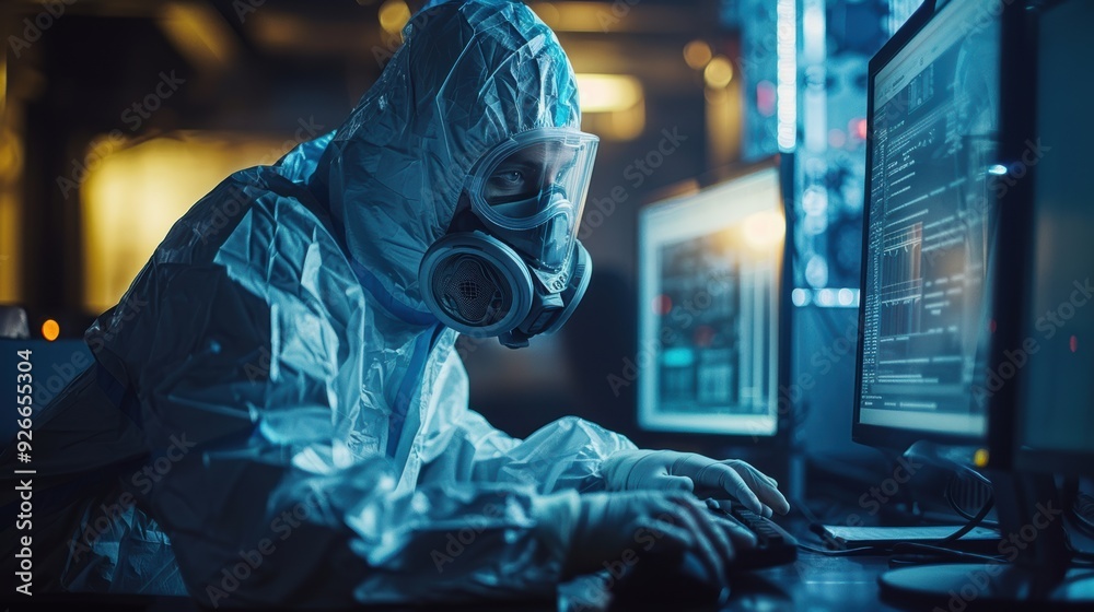 Researcher in protective gear analyzes data on multiple screens in a laboratory at night Researcher in protective gear analyzes data on multiple screens in a laboratory at night