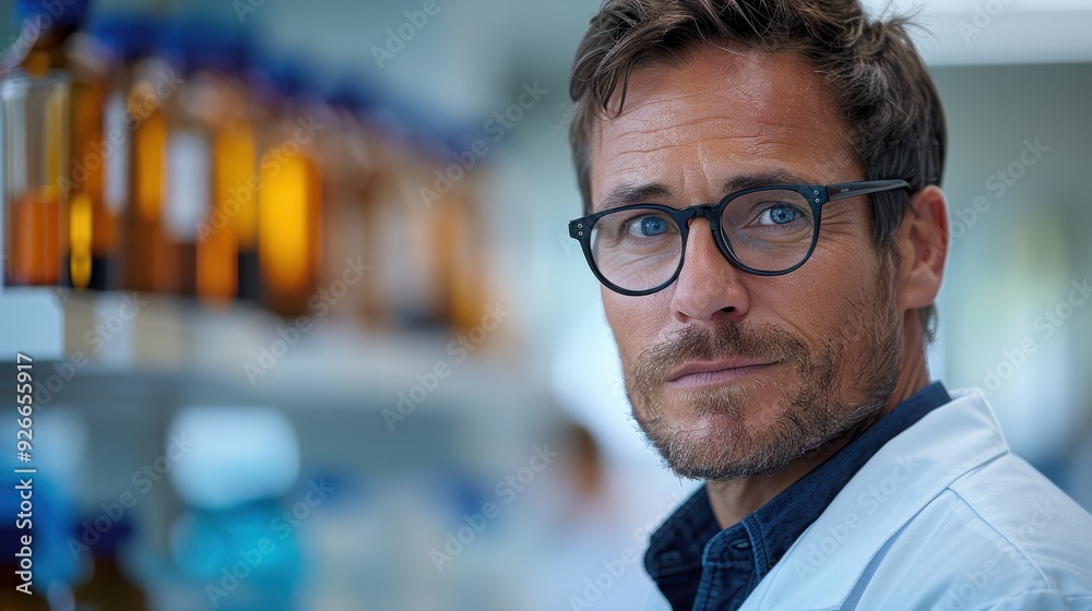 Fototapeta premium Scientist wearing glasses observes experiments in a laboratory filled with glass containers