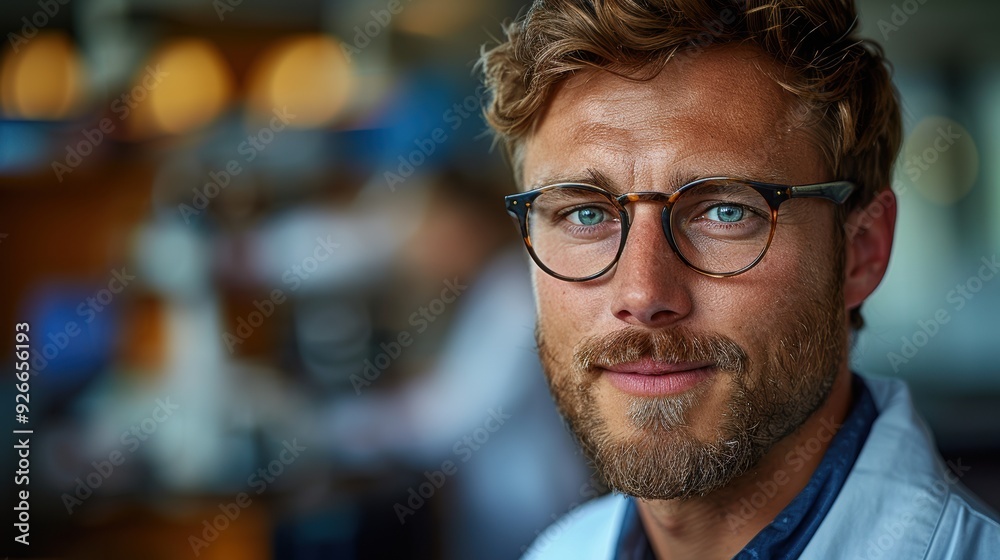 Young man with glasses smiling at a café in the afternoon Young man with glasses smiling at a café in the afternoon