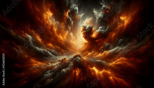 Inferno Sky: A fiery abstract sky with dramatic clouds in shades of orange, red, and gray. The chaotic and dynamic composition evokes a sense of power, passion, and the untamed forces of nature. 