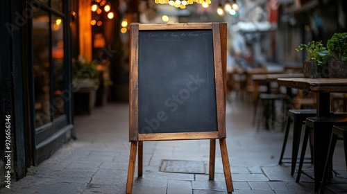 Blank wooden sign with an easel on a sidewalk, in front of an outdoor restaurant patio. photo