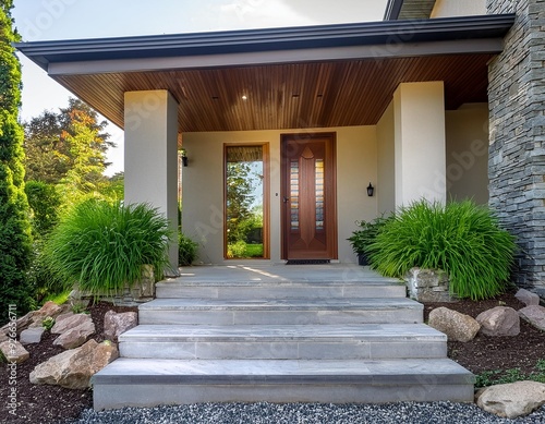 Modern Home Entrance With Stone Steps And Lush Greenery