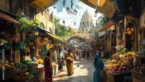 A bustling marketplace with fruit vendors and shoppers.