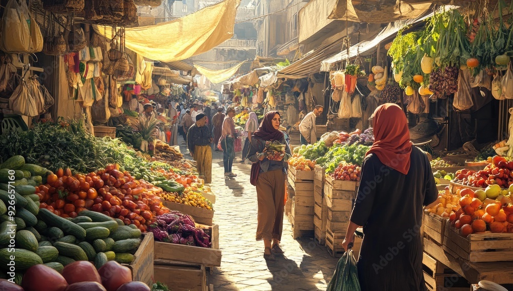 Obraz premium Busy marketplace with fresh produce and shoppers.
