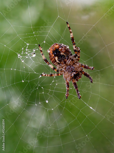 spider in a web on a blurred natural green background. Selective focus. High-quality photo Close-up macro shot of a European garden spider (cross spider, Araneus diadematus) sitting in a spider web