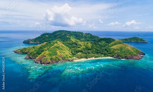 Aerial view of the beautiful sea where snorkeling and diving are popular on Aka Island in the Kerama Islands photo