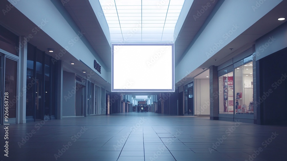 Empty mall hallway with blank billboard sign for advertising.