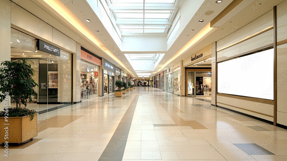 Obraz premium A wide, empty corridor in a modern shopping mall with a large blank billboard and plants in pots.