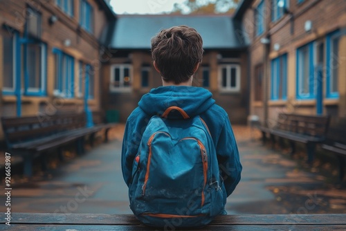 Boy sitting on a bench looking at a building, exclusion bullying photo