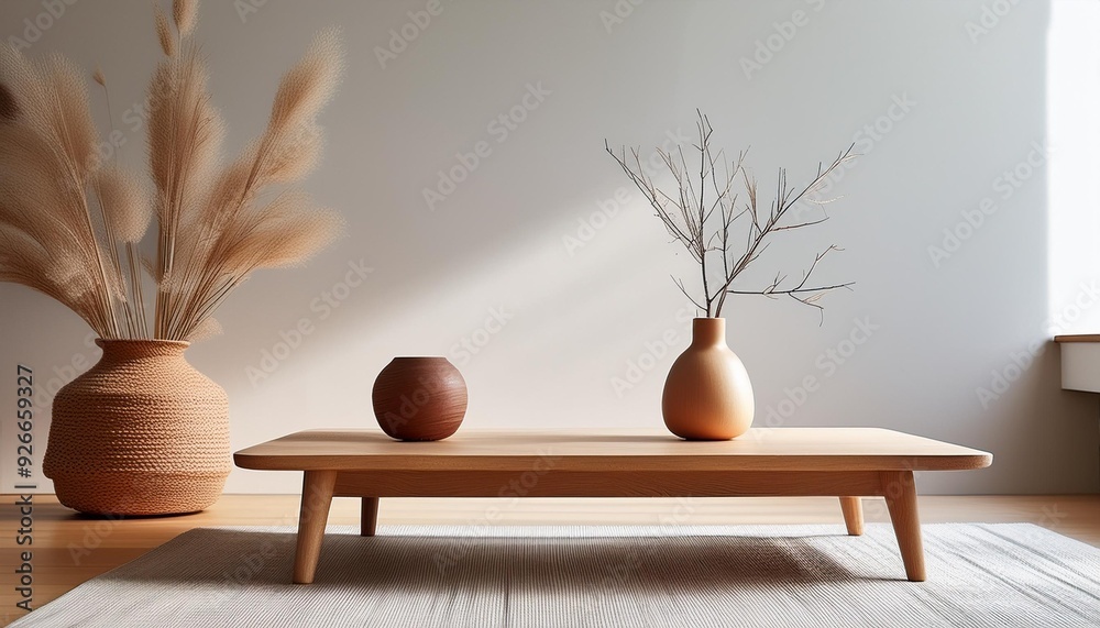 Minimalist Interior Design with Wooden Coffee Table and Vase Minimalist Interior Design with Wooden Coffee Table and Vase