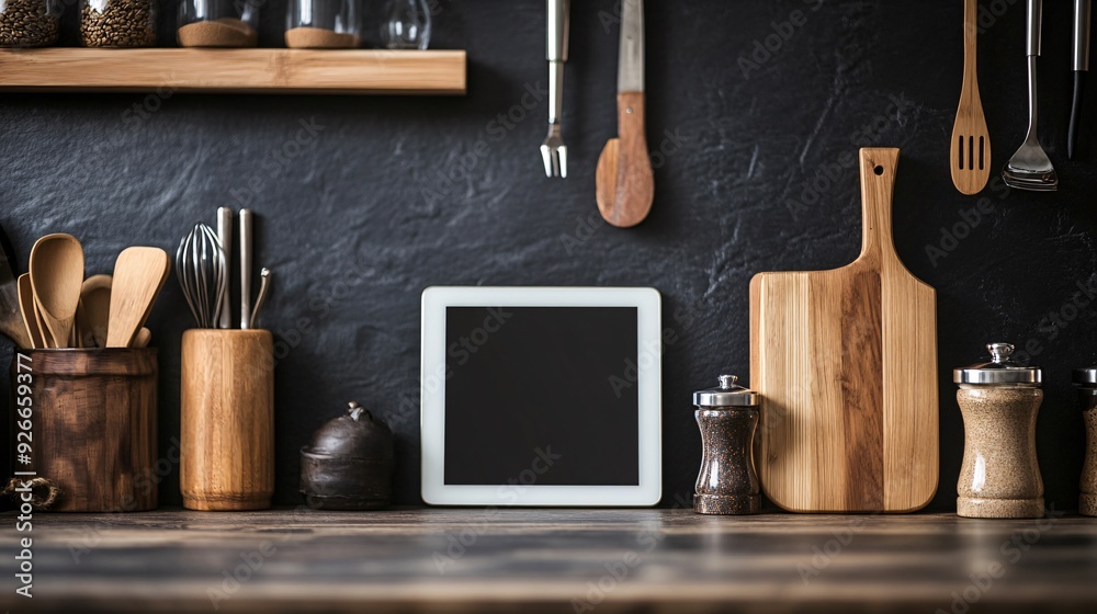 Kitchen Countertop with Tablet, Spices, Utensils, and Wooden Cutting Board.