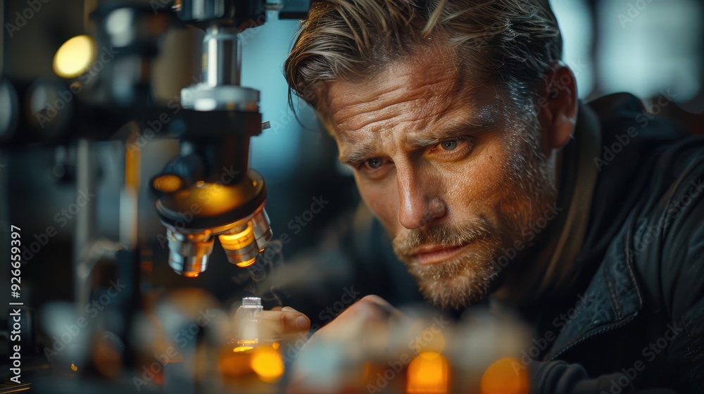 Scientist examining samples under a microscope in a laboratory setting during the afternoon Scientist examining samples under a microscope in a laboratory setting during the afternoon