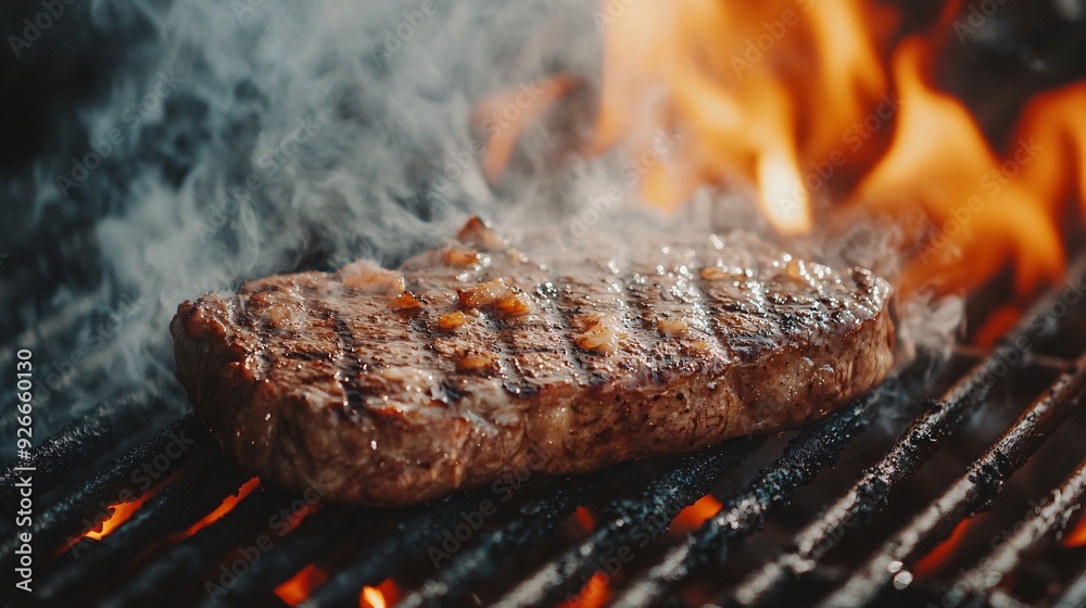 Tasty beef steak on cast iron grate with fire flames. Freeze motion barbecue concept. Tasty beef steak on cast iron grate with fire flames. Freeze motion barbecue concept.