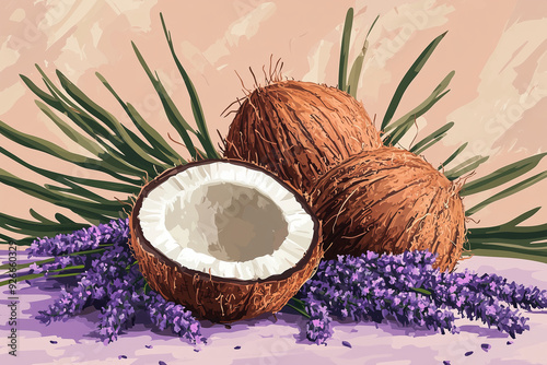 A calming illustration of coconuts with lavender flowers, evoking a sense of relaxation.