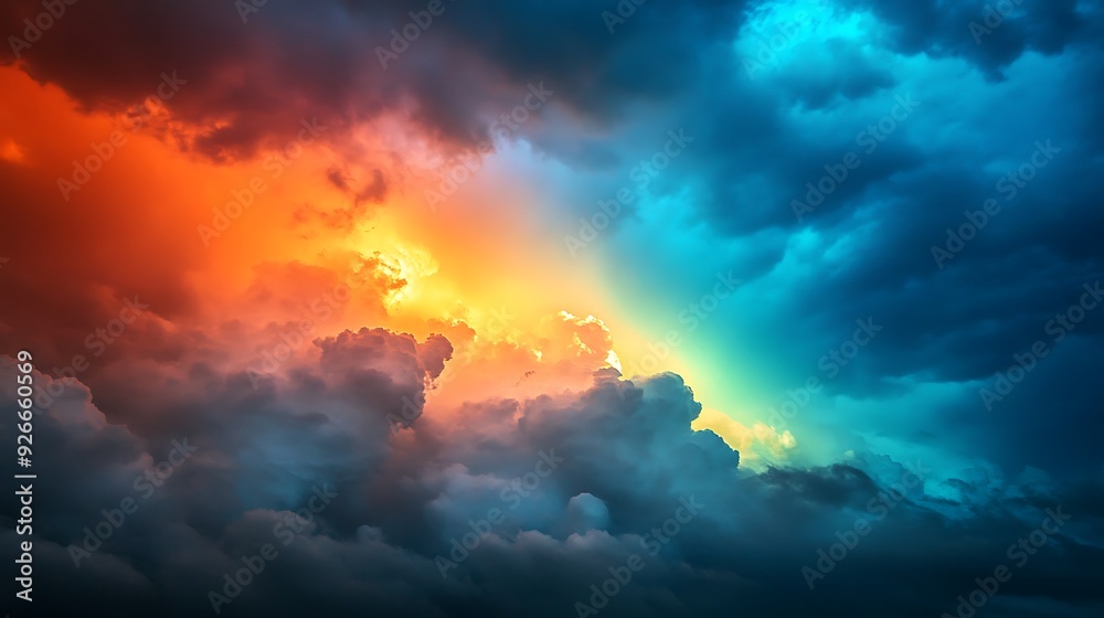 Naklejka premium Dramatic Sky with Orange, Yellow, and Blue Clouds