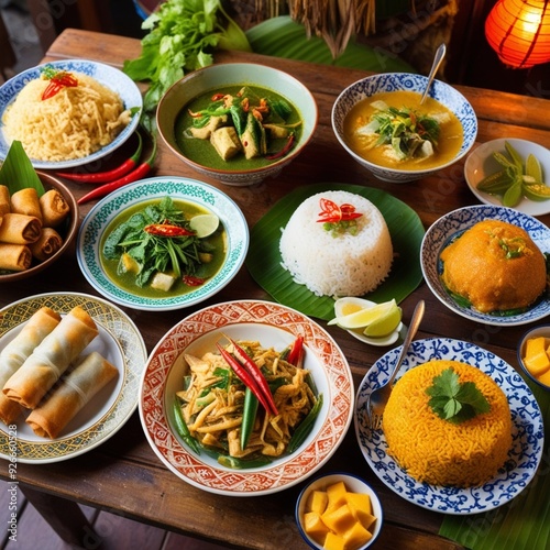 Thai Foods - Rice noodles in a bowl of curry paste with chili, cucumber, long bean, lime, garlic and spring onion, Thai Foods - Rice noodles in a bowl of curry paste with chili, cucumber,