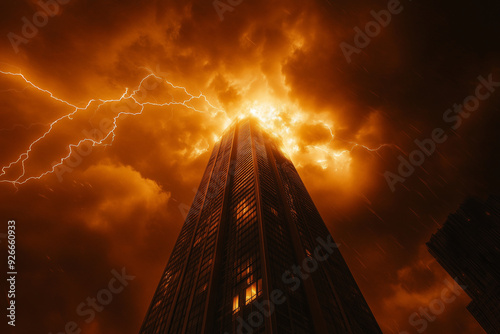 A dramatic scene with lightning striking near a skyscraper during a storm.