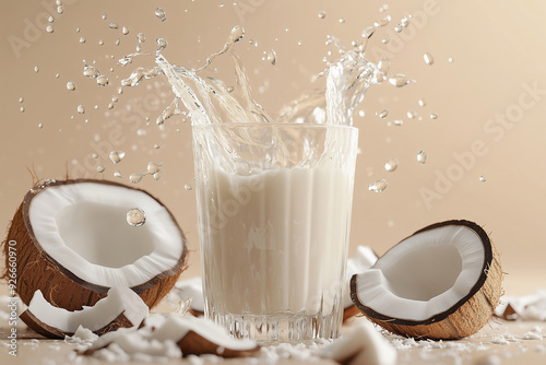 A dynamic illustration of coconut milk being poured into a glass, with splashes and droplets.