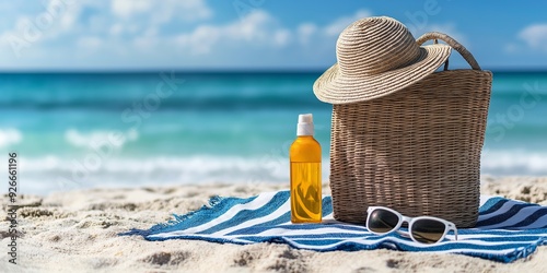 Fototapeta Naklejka Na Ścianę i Meble -  A beach scene with a straw hat, sunglasses, and a bottle of sunscreen. Scene is relaxed and carefree, as it depicts a day at the beach