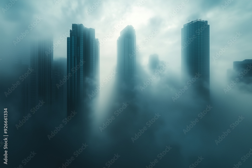 Skyscrapers and fog, creating a mysterious atmosphere. Skyscrapers and fog, creating a mysterious atmosphere.