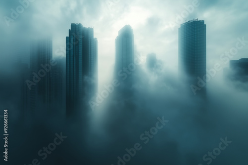 Skyscrapers and fog, creating a mysterious atmosphere.
