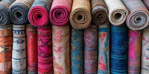 A row of colorful rugs are displayed in a store. The rugs are of different colors and patterns, creating a vibrant and lively atmosphere photo