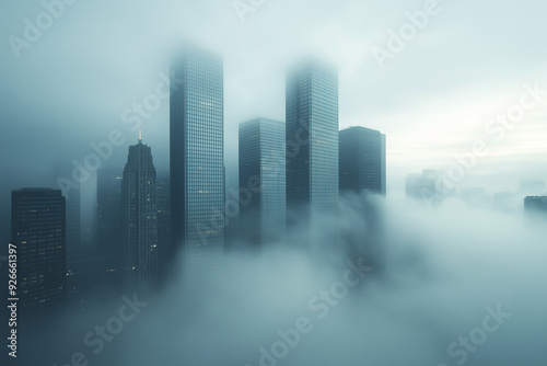 Skyscrapers emerging from a thick layer of fog, creating a mysterious atmosphere.