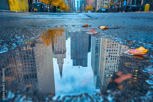 Skyscrapers reflected in a puddle on the street after rain.