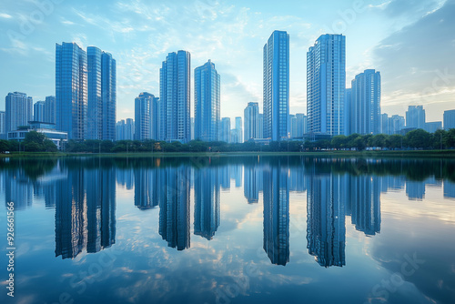 Skyscrapers reflected in a calm body of water, creating a mirror image.