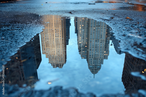 Skyscrapers reflected in a puddle on the street after rain.
