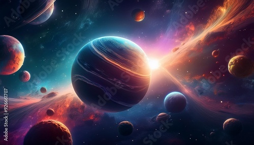 A vibrant alien planet in the dark night sky with Earth visible in the distance, surrounded by stars and clouds, creating a fantastical cosmic landscape