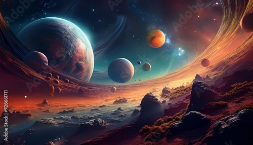 A vibrant alien planet in the dark night sky with Earth visible in the distance, surrounded by stars and clouds, creating a fantastical cosmic landscape