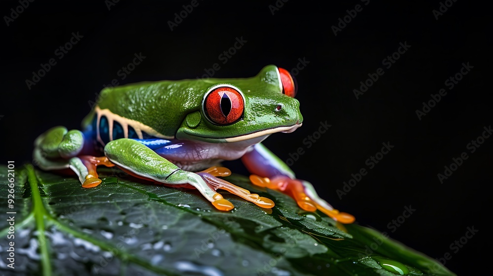 Fototapeta premium Green and red frog with orange toes sitting on a green leaf with water droplets.