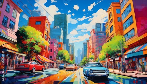 Colorful painting of a vibrant city street with cars and buildings under a bright blue sky