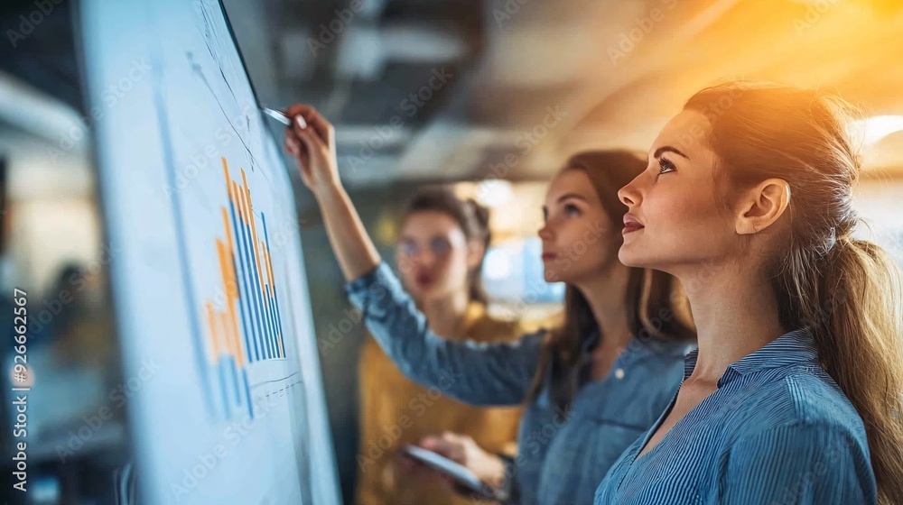 Brainstorming Strategies for Growth: Business Professionals Analyzing Chart in Bright Office Setting Brainstorming Strategies for Growth: Business Professionals Analyzing Chart in Bright Office Setting
