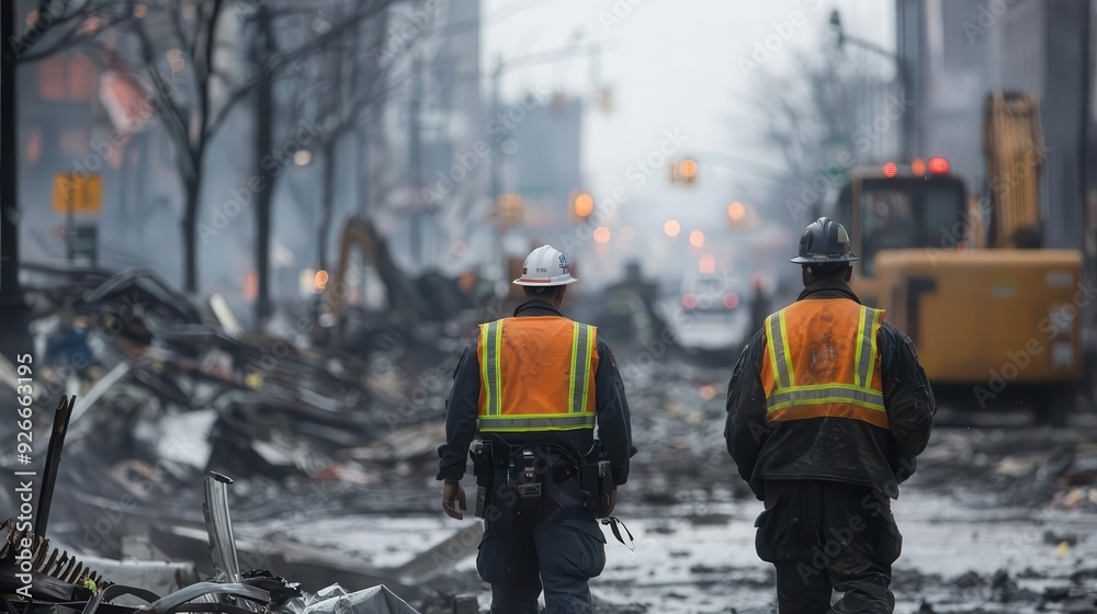 Technicians monitoring radiation readings at ground zero, high-tech equipment, tense atmosphere, critical data collection Technicians monitoring radiation readings at ground zero, high-tech equipment, tense atmosphere, critical data collection