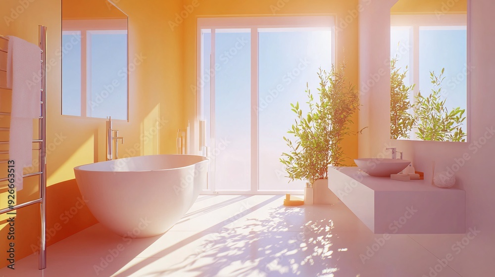 Modern bathroom with a bathtub, sink, and large window, sun shining through. Modern bathroom with a bathtub, sink, and large window, sun shining through.