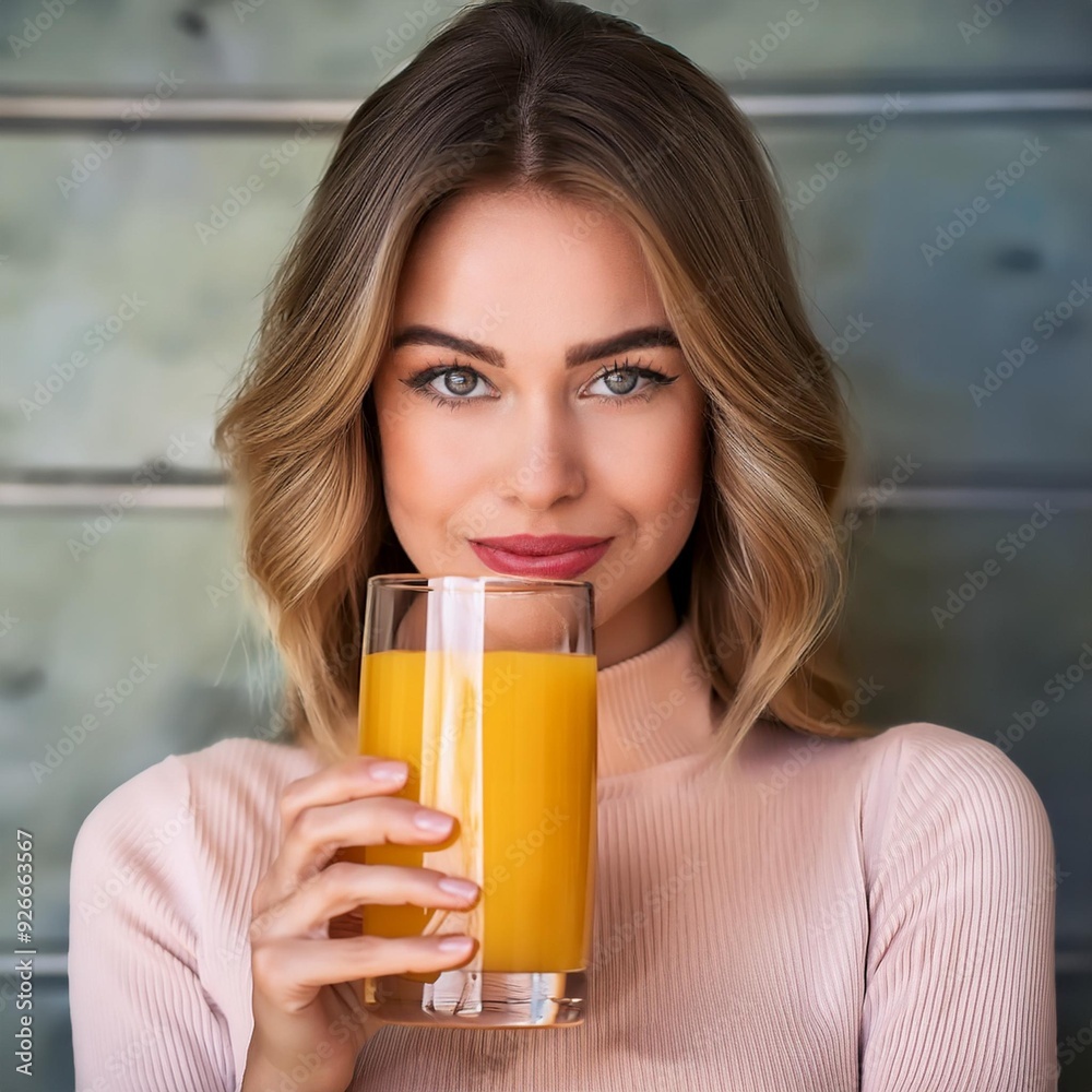 Attractive woman holding a refreshing glass of orange juice in front of her face, making eye contact with the camera Attractive woman holding a refreshing glass of orange juice in front of her face, making eye contact with the camera