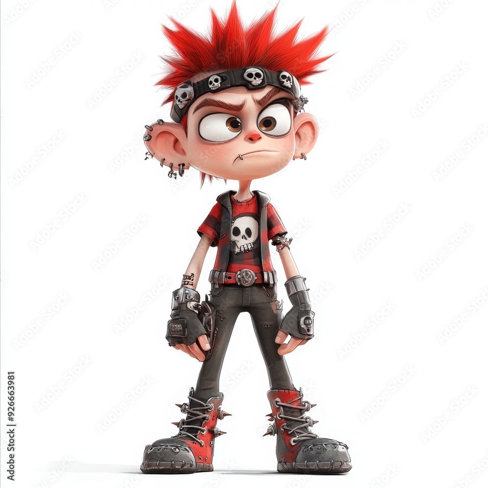 A 3D rendered illustration of a punk rock cartoon character wearing a red shirt, black pants, and spiked boots. A 3D rendered illustration of a punk rock cartoon character wearing a red shirt, black pants, and spiked boots.