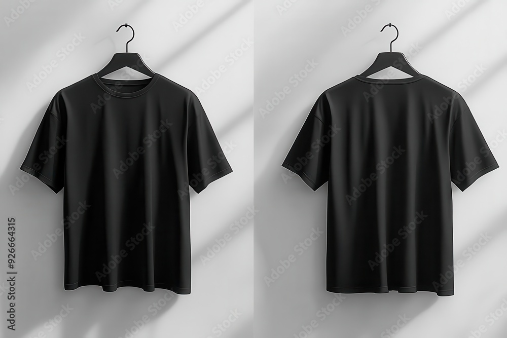 minimalist mockup of black tshirt on hanger against white wall front and back view side by side clean lines and ample negative space for design placement minimalist mockup of black tshirt on hanger against white wall front and back view side by side clean lines and ample negative space for design placement