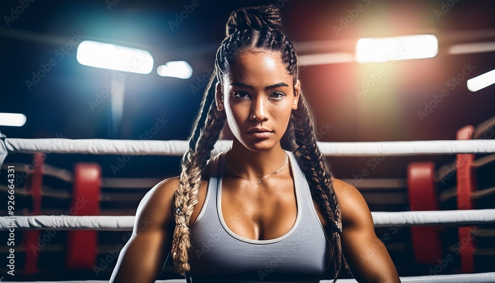 Female Boxer with Long Braids in Boxing Ring Ready for a Fight and Showcasing Power and Strength in Athletics and Beauty Female Boxer with Long Braids in Boxing Ring Ready for a Fight and Showcasing Power and Strength in Athletics and Beauty