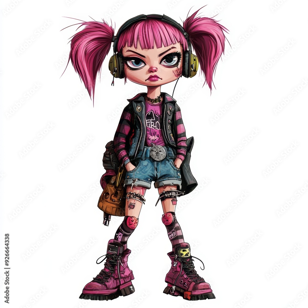 A cartoon illustration of a rebellious young woman with pink hair, wearing headphones, a leather jacket, denim shorts, and knee pads. A cartoon illustration of a rebellious young woman with pink hair, wearing headphones, a leather jacket, denim shorts, and knee pads.